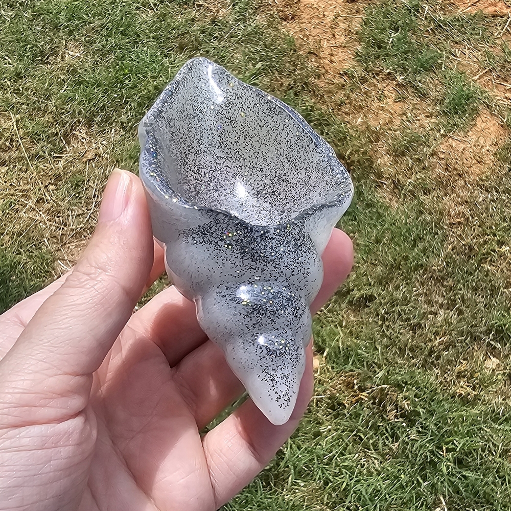 Handmade Resin Black And Silver Iridescent Seashell Ring Dish